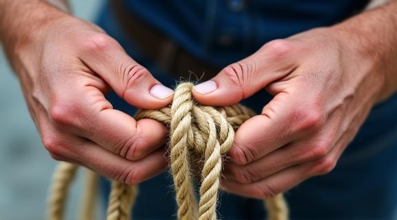 Ręce instruktora wiążącego skomplikowany węzeł żeglarski